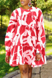 Red Fashion Casual Print Basic O Neck Long Sleeve Dresses