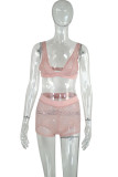 Pink Fashion Sexy Solid Hollowed Out See-through Backless V Neck Sleeveless Two Pieces