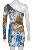 Multicolor Fashion Sexy Print Bandage Hollowed Out Oblique Collar Long Sleeve Dresses