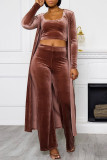 Brown Fashion Casual Solid Cardigan Vests Pants U Neck Long Sleeve Three-piece Set