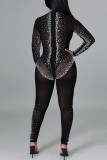 Black Fashion Sexy Hot Drilling Tassel See-through Half A Turtleneck Regular Jumpsuits