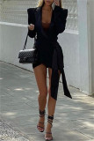 Black Fashion Casual Solid Bandage Turndown Collar Long Sleeve Dresses