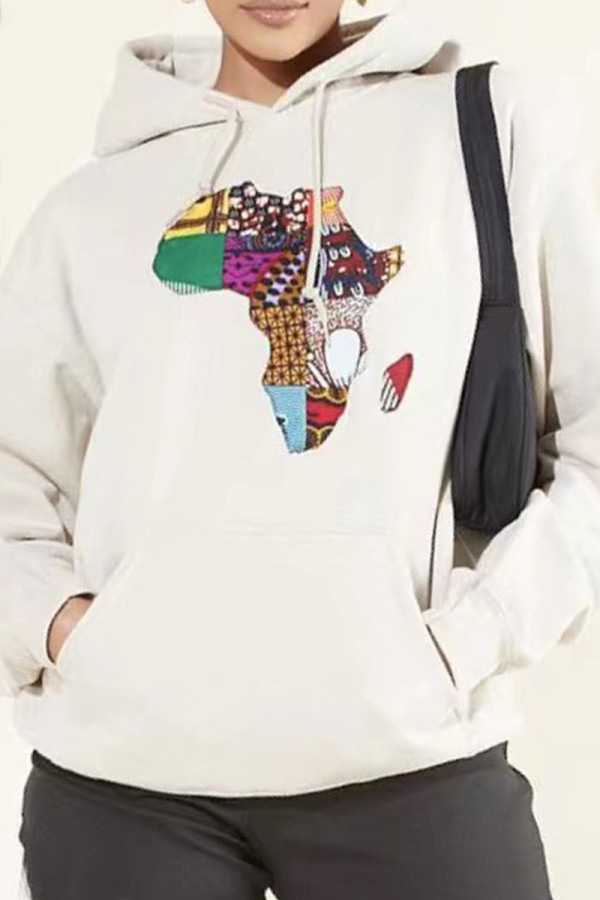 White Fashion Casual Print Basic Hooded Collar Tops