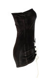 Black Fashion Sexy Solid Hollowed Out Backless Oblique Collar Long Sleeve Dresses