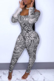 Silver Fashion Sexy Print Backless Off the Shoulder Skinny Jumpsuits