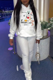 White Fashion Casual Print Basic Hooded Collar Tops