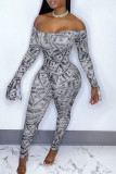 Silver Fashion Sexy Print Backless Off the Shoulder Skinny Jumpsuits