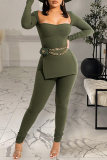 Grass Green Fashion Casual Solid Slit Square Collar Long Sleeve Two Pieces
