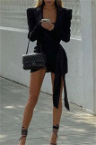 Black Fashion Casual Solid Bandage Turndown Collar Long Sleeve Dresses