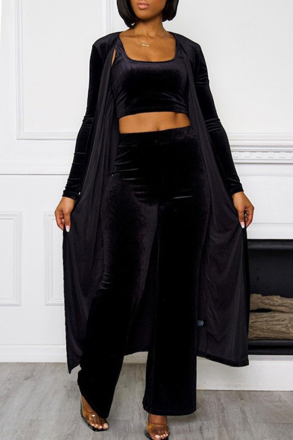 Black Fashion Casual Solid Cardigan Vests Pants U Neck Long Sleeve Three-piece Set