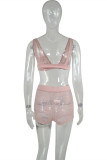 Pink Fashion Sexy Solid Hollowed Out See-through Backless V Neck Sleeveless Two Pieces