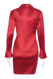 Red Fashion Casual Solid Fold Turndown Collar Long Sleeve Dresses