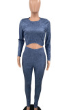 Blue Casual Solid Patchwork Asymmetrical O Neck Long Sleeve Two Pieces