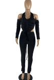 Blue Sexy Casual Solid Backless Fold Asymmetrical Halter Long Sleeve Two Pieces