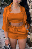 Red Fashion Casual Solid Basic Turndown Collar Half Sleeve Three-piece Set