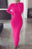 Watermelon Red Fashion Casual Solid Basic O Neck Long Sleeve Dresses