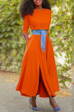 Yellow Casual Solid Patchwork O Neck Three Quarter Two Pieces