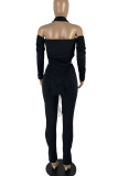 Blue Sexy Casual Solid Backless Fold Asymmetrical Halter Long Sleeve Two Pieces