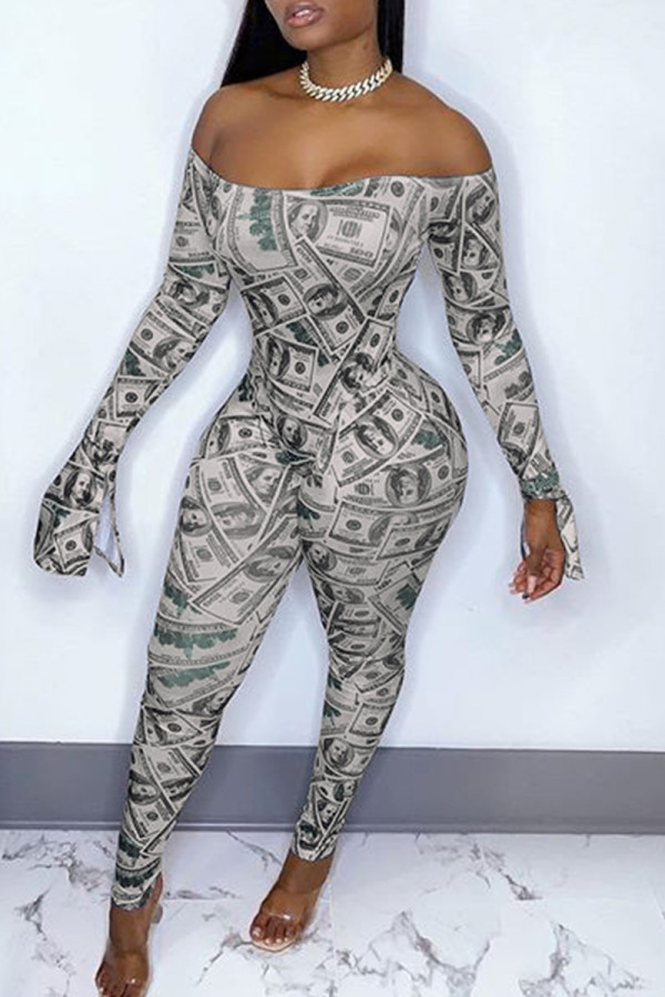 Green Fashion Sexy Print Backless Off the Shoulder Skinny Jumpsuits