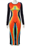 Multicolor Fashion Casual Print Basic O Neck Long Sleeve Dresses