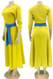 Yellow Casual Solid Patchwork O Neck Three Quarter Two Pieces