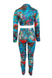 Blue Fashion Sexy Print Tie Dye Bandage Turndown Collar Long Sleeve Two Pieces