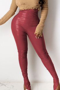 Wine Red Casual Faux Leather Solid Skinny Bottoms