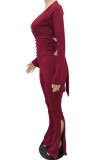 Blue Sexy Solid Hollowed Out Patchwork Backless Slit V Neck Regular Jumpsuits