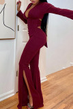 Blue Sexy Solid Hollowed Out Patchwork Backless Slit V Neck Regular Jumpsuits