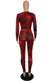 Red Fashion Casual Print Hollowed Out V Neck Long Sleeve Two Pieces