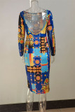 Multicolor Fashion Casual Print Backless O Neck Long Sleeve Dresses
