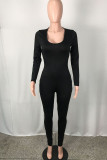 Black Casual Solid Patchwork Draw String Backless Fold U Neck Skinny Jumpsuits