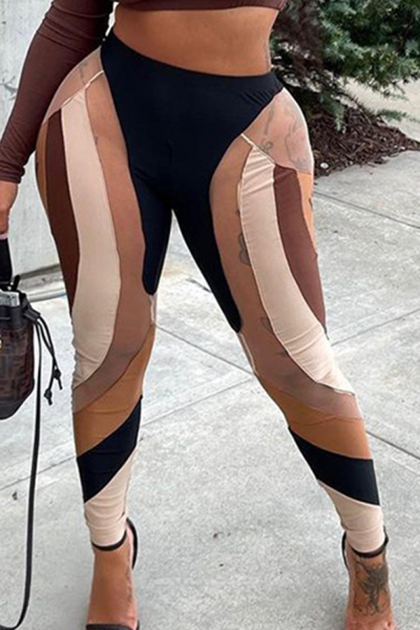 Brown Sexy Print See-through Mesh Skinny Mid Waist Pencil Full Print Bottoms