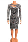 Multicolor Fashion Sexy Print Leopard Hollowed Out Slit O Neck Long Sleeve Dresses