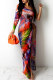 Colour Fashion Sexy Print Backless Slit Oblique Collar Long Sleeve Dresses