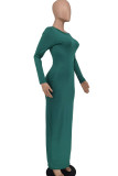 Green Casual Solid Split Joint O Neck One Step Skirt Dresses