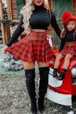 Red Fashion Casual Plaid Print Basic Turtleneck Long Sleeve Two Pieces