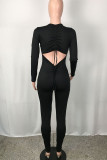 Black Casual Solid Patchwork Draw String Backless Fold U Neck Skinny Jumpsuits