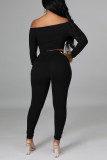 Black Sexy Solid Split Joint Feathers Off the Shoulder Long Sleeve Two Pieces