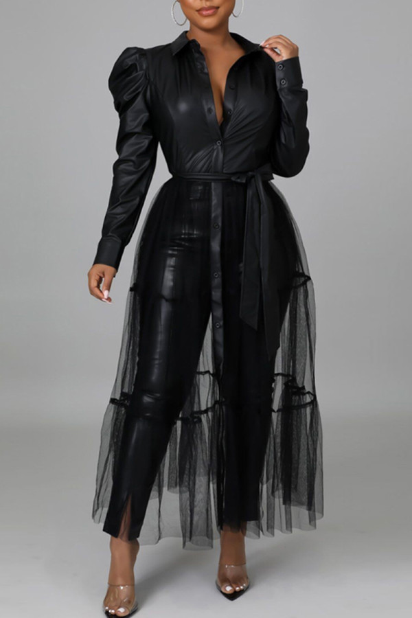 Black Fashion Casual Solid Patchwork Turndown Collar Tops