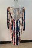 Multicolor Fashion Casual Print Backless O Neck Long Sleeve Dresses