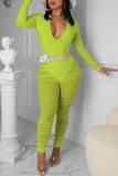 Coffee Sexy Solid Patchwork See-through Fold V Neck Long Sleeve Two Pieces