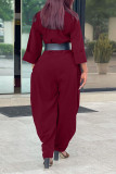 Burgundy Casual Solid Patchwork Buckle Turndown Collar Loose Jumpsuits (Without Belt)