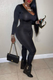 Black Casual Solid Patchwork Draw String Backless Fold U Neck Skinny Jumpsuits