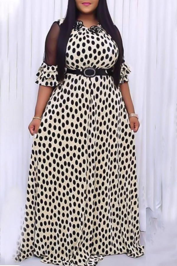 Light Yellow Sweet Print Patchwork O Neck A Line Plus Size Dresses