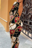 Multicolor Fashion Casual Print Backless O Neck Long Sleeve Dresses