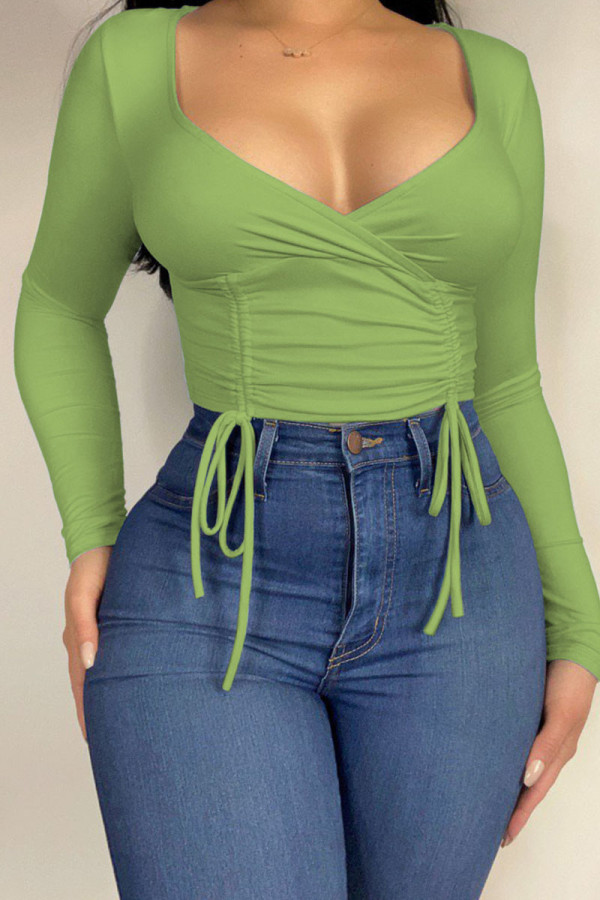 Green Casual Solid Patchwork Frenulum Fold V Neck Tops