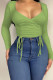 Green Casual Solid Patchwork Frenulum Fold V Neck Tops