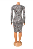 Multicolor Fashion Sexy Print Leopard Hollowed Out Slit O Neck Long Sleeve Dresses