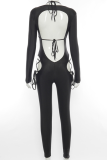 Black Casual Solid Hollowed Out Split Joint O Neck Skinny Jumpsuits